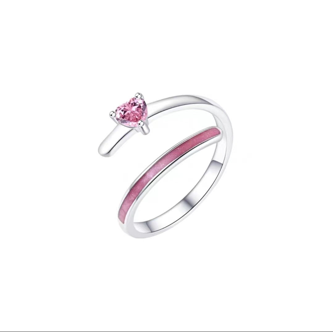 Pink heart silver ring