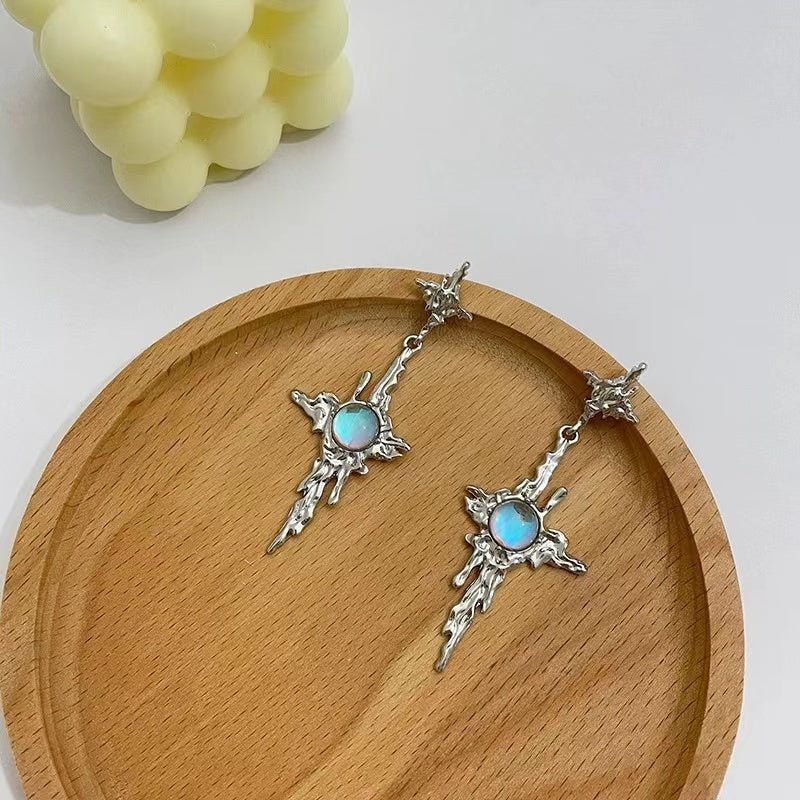Chinese national tide wind white agate Cross Earrings
