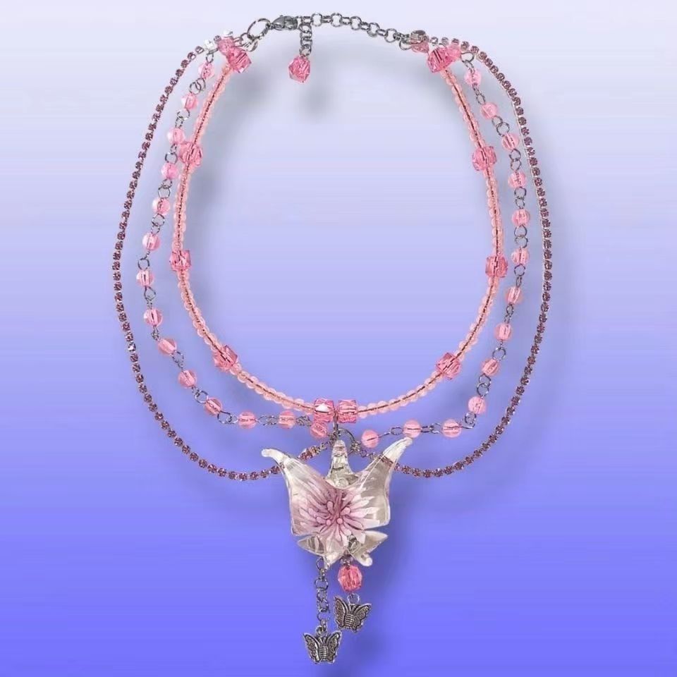 Pink butterfly stacked multi-layered love clear glaze necklace