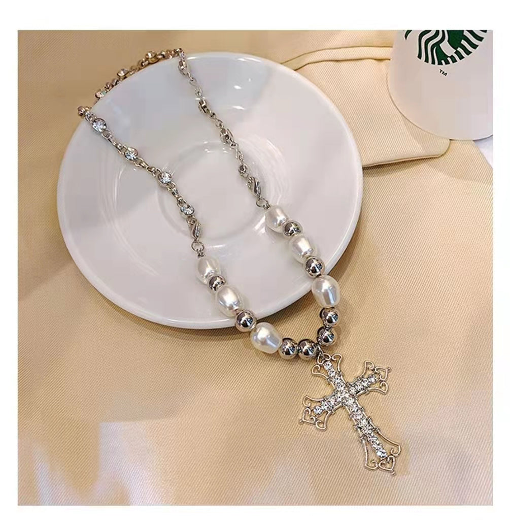 Cross pearl sweet cool hot girl necklace