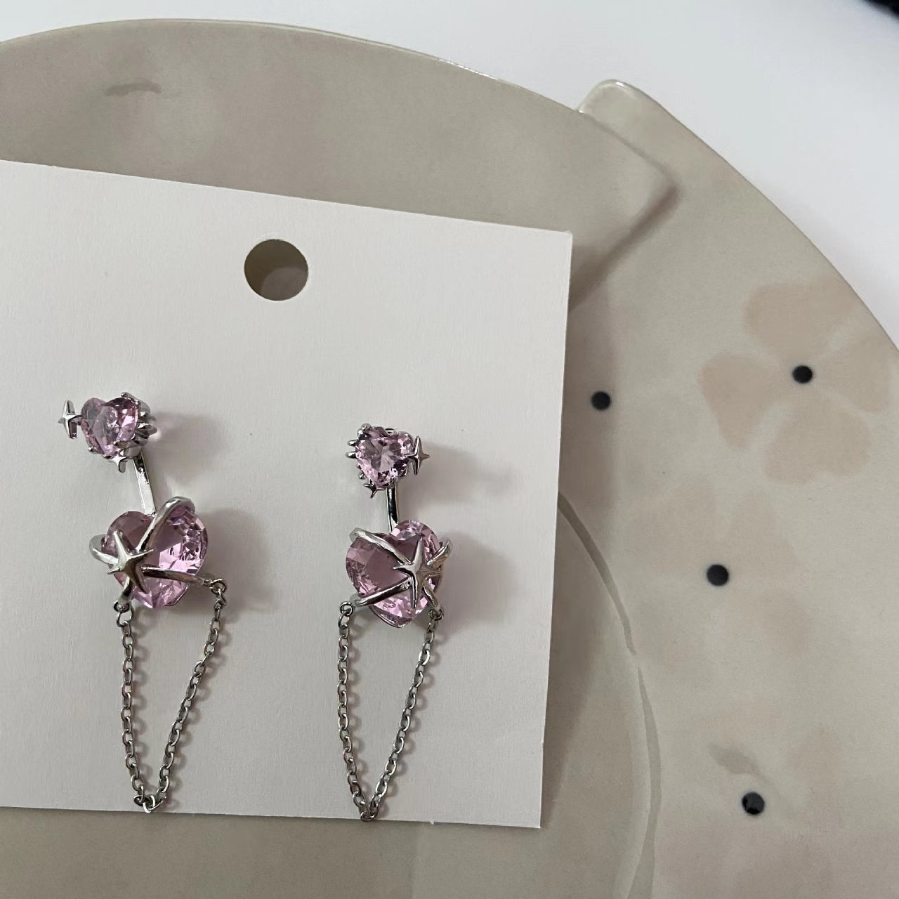 Four star zircon pink love chain Tassel Earrings