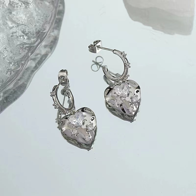 Love earrings female ins personality Netflix same paragraph sweet cool metal silver zirconia earrings Korean senior sense earrings