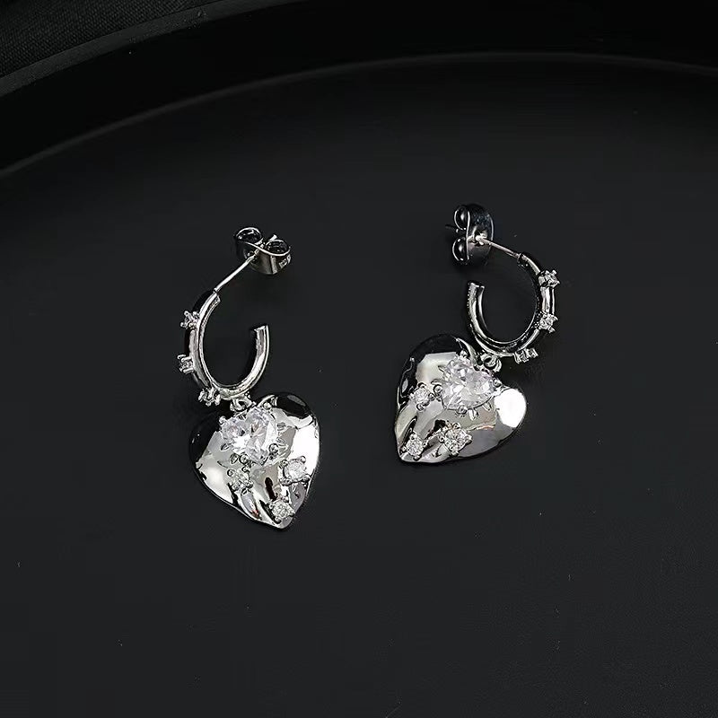 Love earrings female ins personality Netflix same paragraph sweet cool metal silver zirconia earrings Korean senior sense earrings