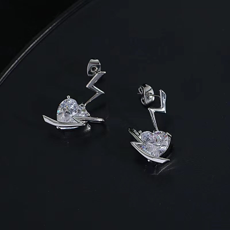 Love zircon earrings female ins niche design sense personality fashion 925 silver needle earrings sweet cool senior sense earrings