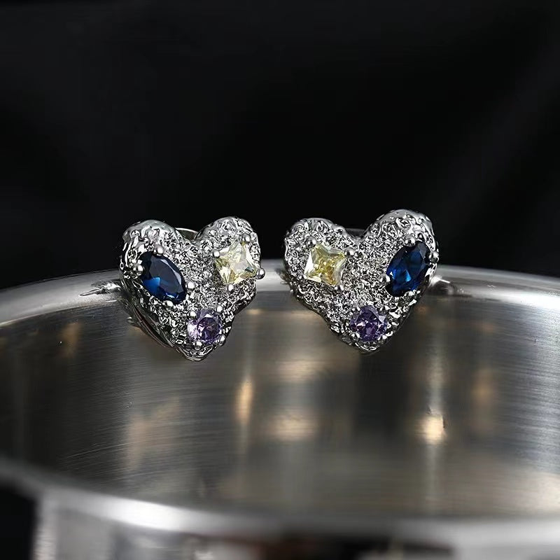 Love earrings female ins cold wind geometry colored zircon 925 silver needle earrings Korea 2022 new earrings