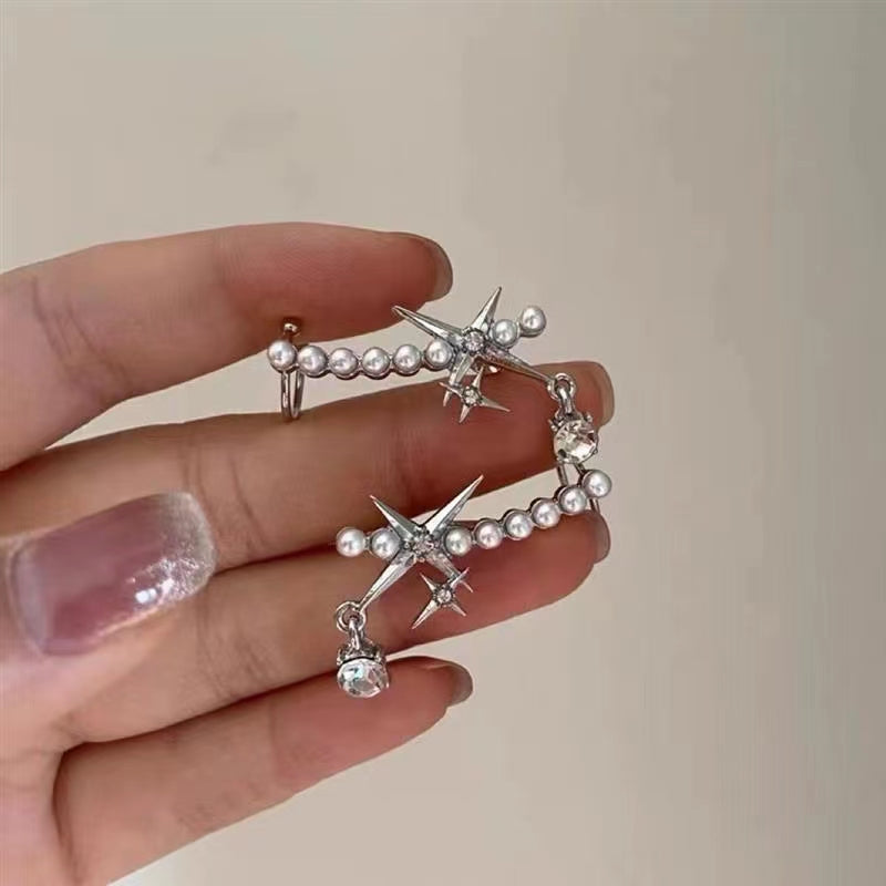 Pearl earrings, ear bone clip, one-piece star shaped design, flash diamond, high-grade sense, earrings with diamond personality