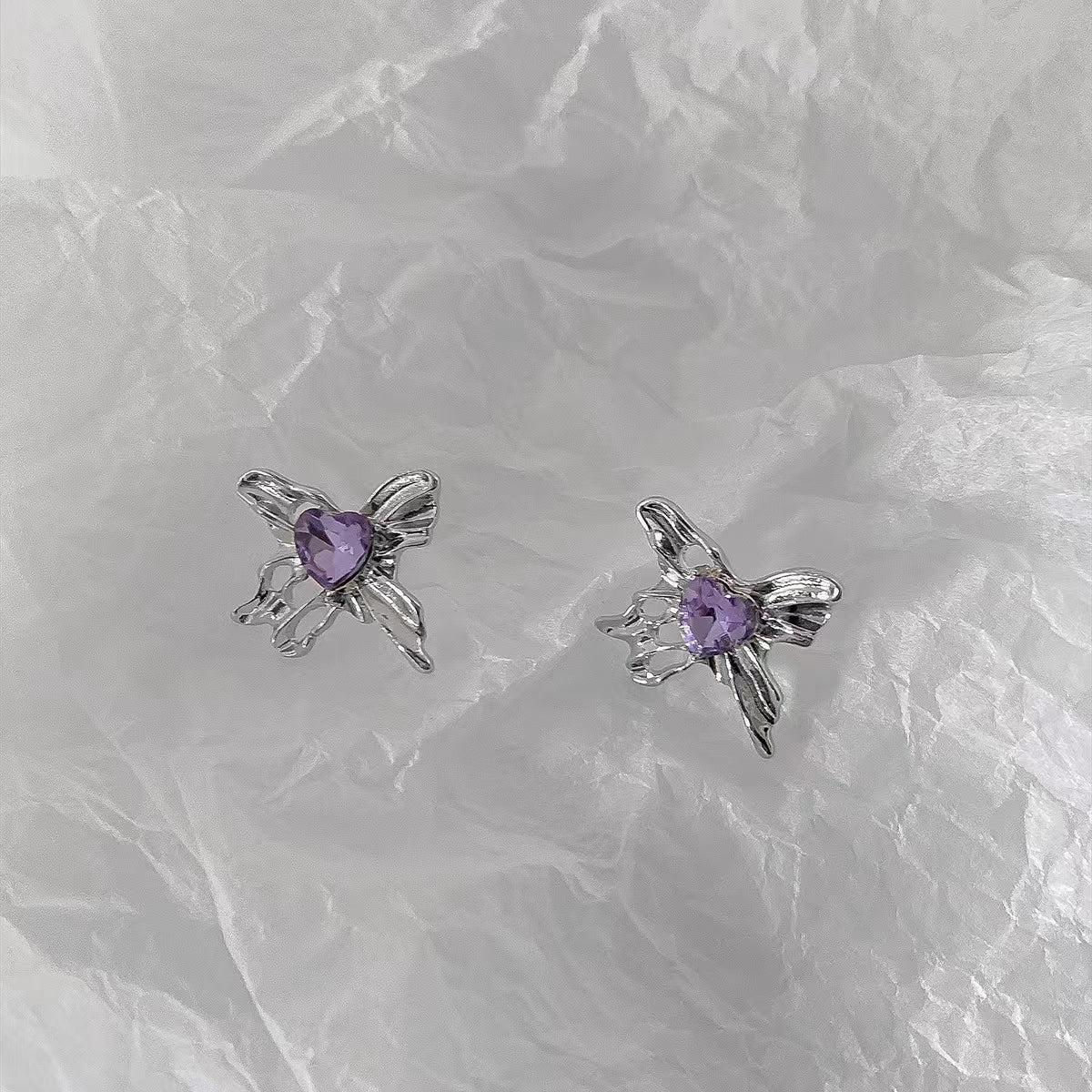 Purple zircon love Bow Earrings female high-grade light luxury sweet cool metal Earrings