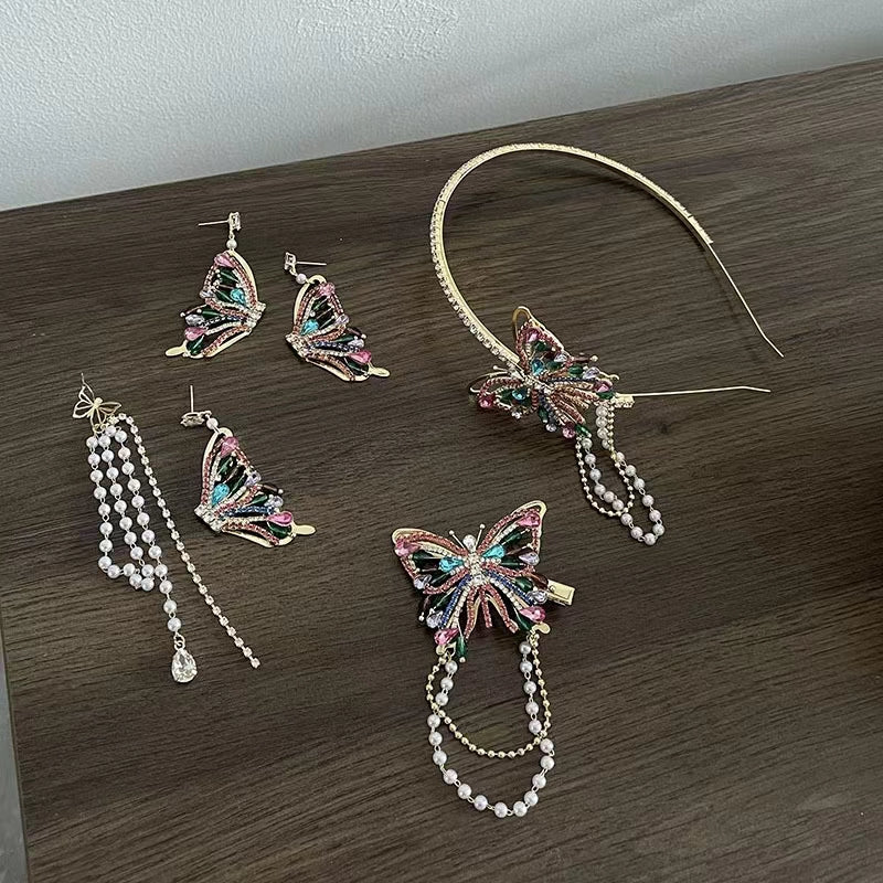 Light luxury color diamond crystal butterfly hairpin hairband super fairy pearl tassel temperament versatile