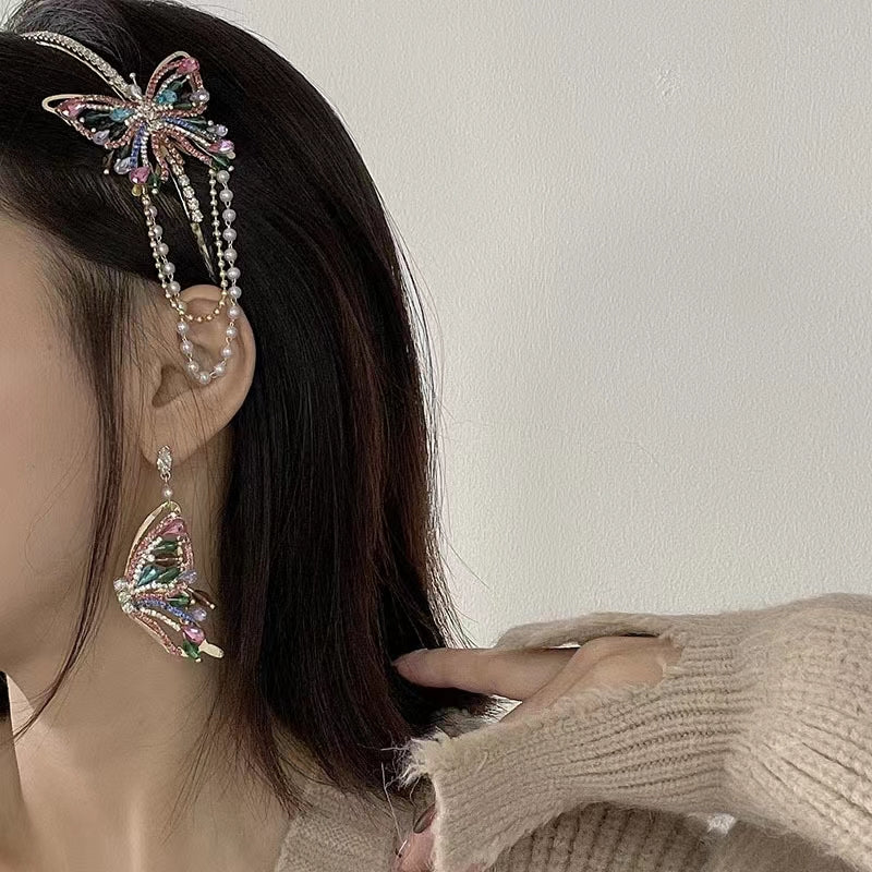 Light luxury color diamond crystal butterfly hairpin hairband super fairy pearl tassel temperament versatile