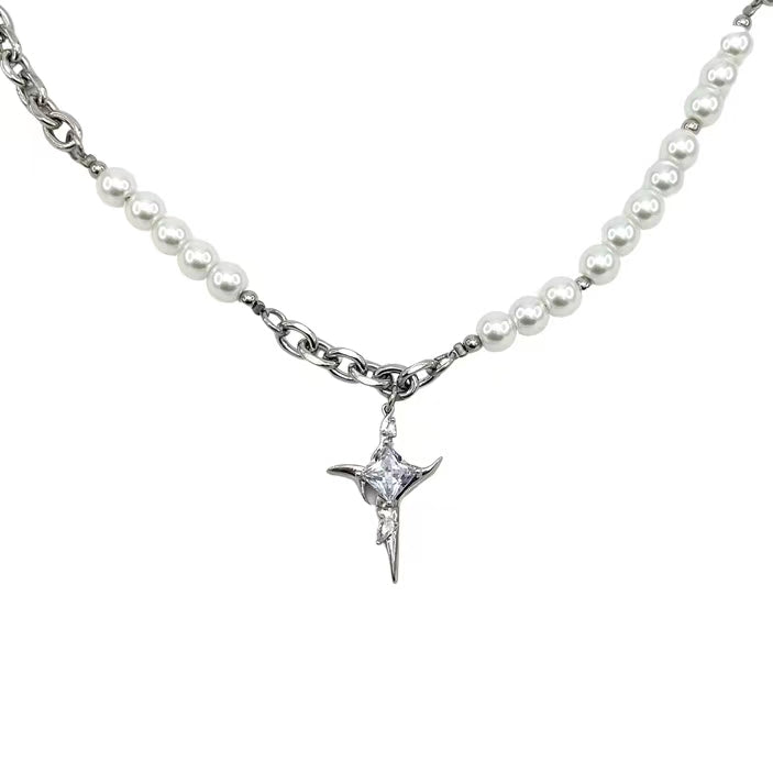 Diamond studded star awn cross necklace, men and women light luxury, minority high sense, pearl collarbone chain, lovers