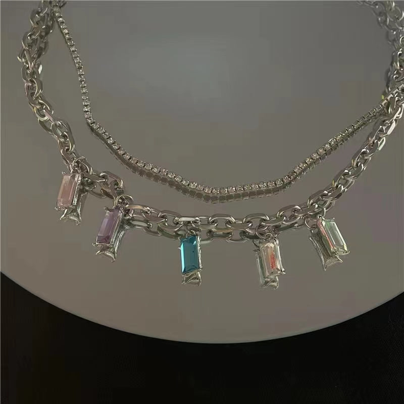 color zircon Tassel Necklace, double layered poison gem, collarbone chain, neck chain