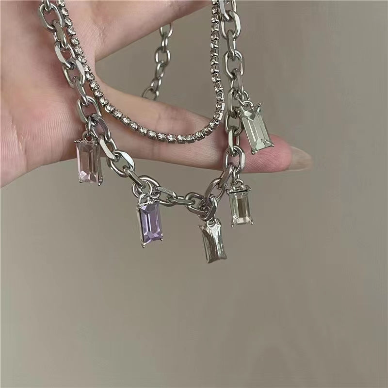color zircon Tassel Necklace, double layered poison gem, collarbone chain, neck chain