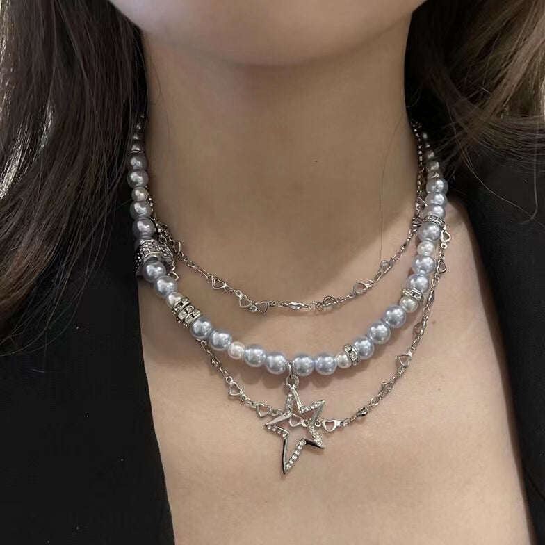 Multi layered stacked small collarbone chain, blue pearl, love diamond, Five Star Pendant