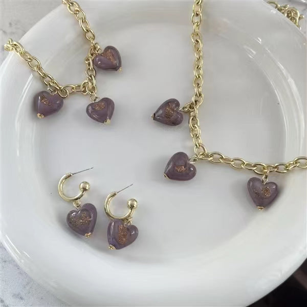 violet glazed gold foil Love Pendant Necklace French retro light luxury Earrings Bracelet Set