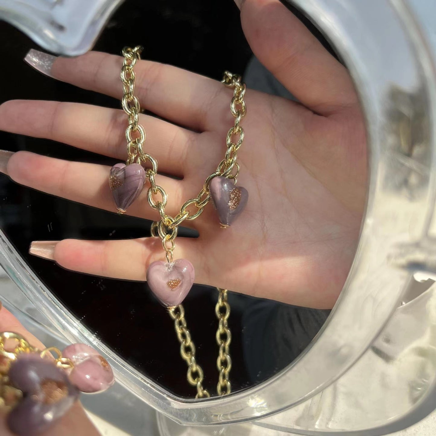 violet glazed gold foil Love Pendant Necklace French retro light luxury Earrings Bracelet Set
