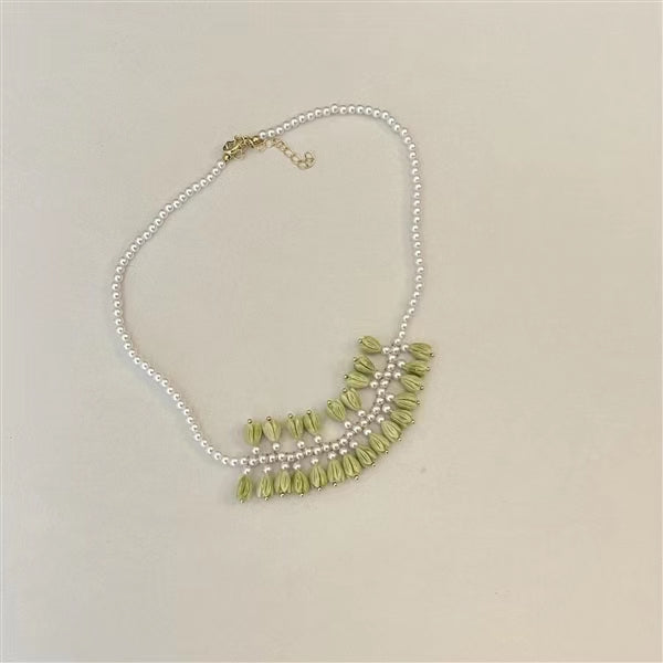 Vintage Green tulip bud hand made pearl light luxury collar chain female cold wind neck chain necklace