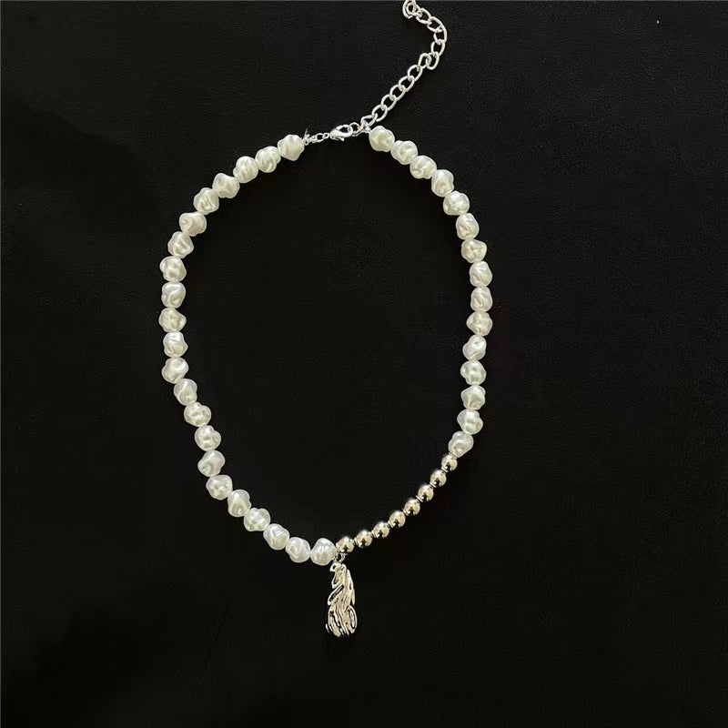 French retro shaped pearl ball double combination clavicle chain sweet cool lava Pendant Necklace