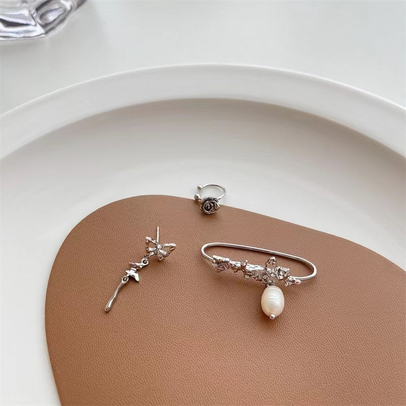 S925 Silver Needle Ear Needle Butterfly Series Natural Freshwater Pearl Earrings