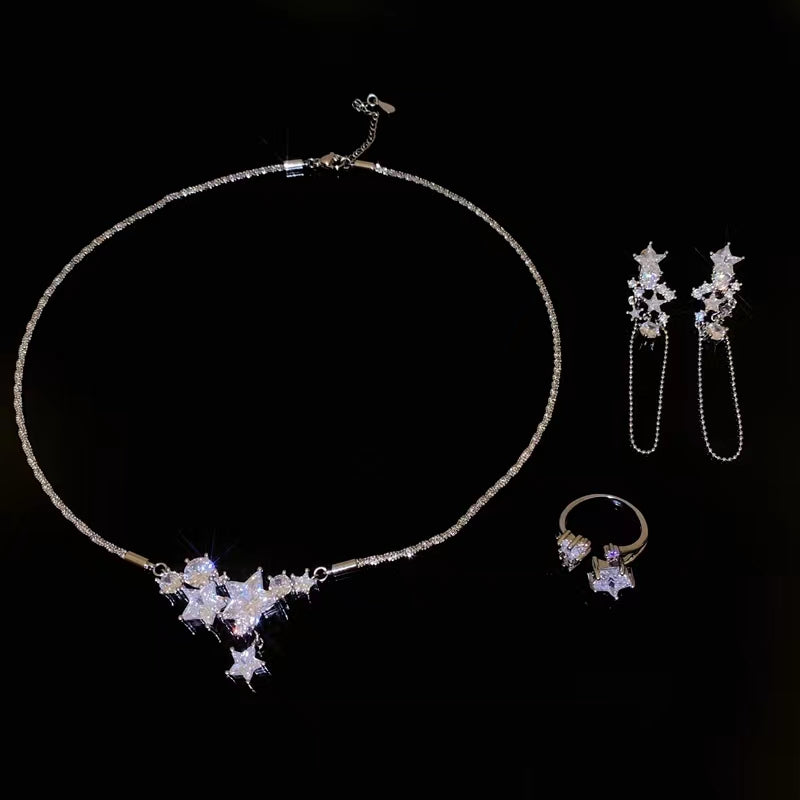 Species Shining Five pointed Star Versatility Back hanging Zircon Earrings Open Ring Collar Necklace