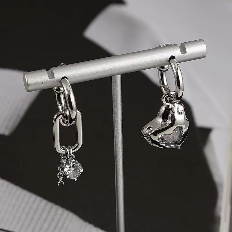 Loving Earrings Women ins Cool Style Premium Silver Zircon Earrings Personalized Design Asymmetrical Earrings