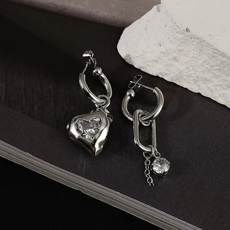 Loving Earrings Women ins Cool Style Premium Silver Zircon Earrings Personalized Design Asymmetrical Earrings