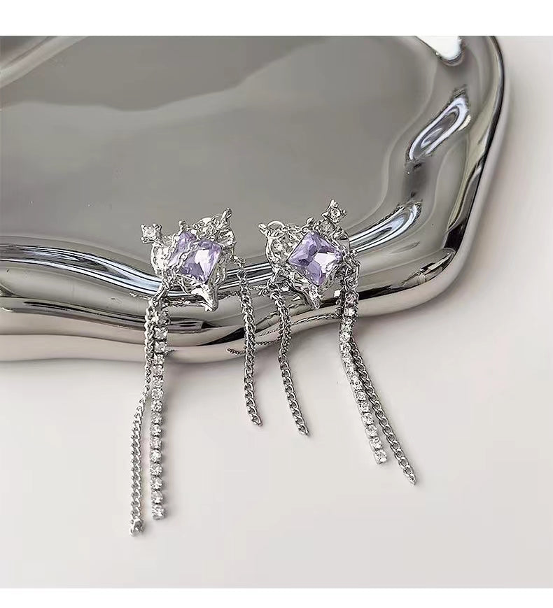 S925 Silver Needle Women's Seldom Cool Wind Purple Zircon Earrings Light Luxury