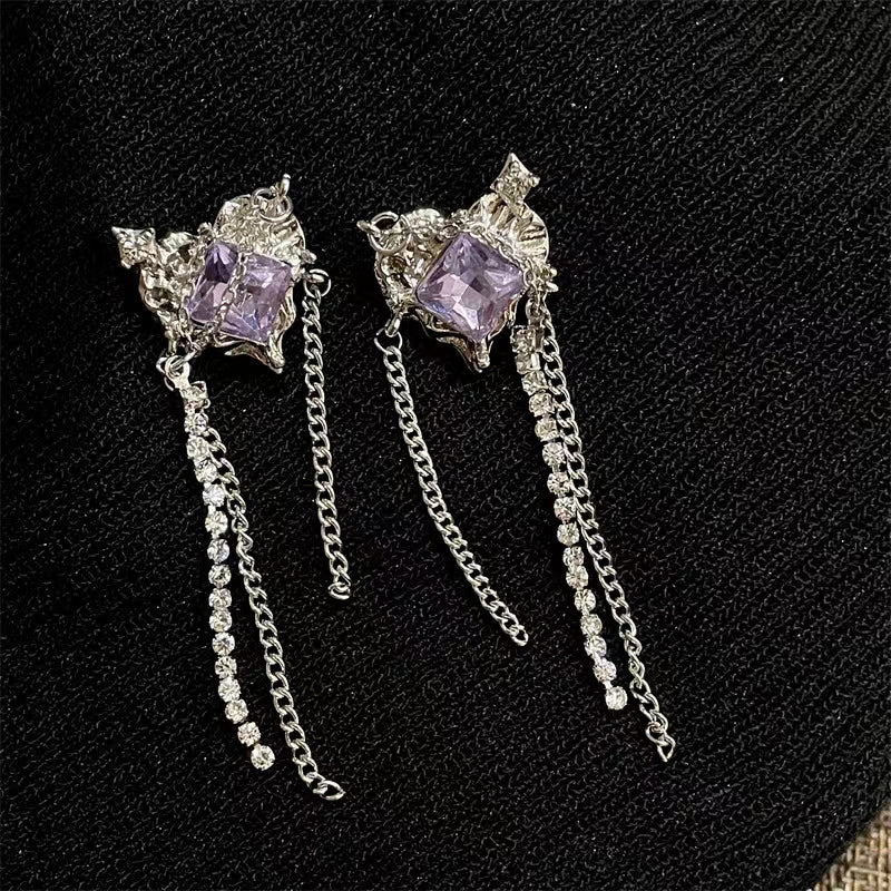 S925 Silver Needle Women's Seldom Cool Wind Purple Zircon Earrings Light Luxury