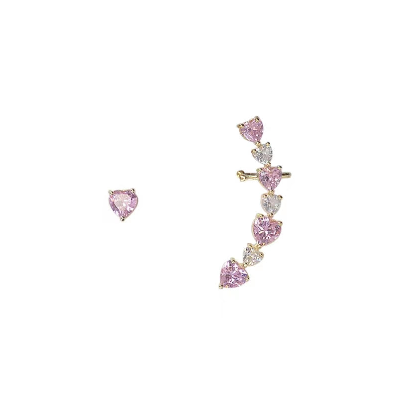 Asymmetrical Peach Pink Love Zircon Flash Drill Earbone Clip One piece Earnail Sweet Beauty Earrings