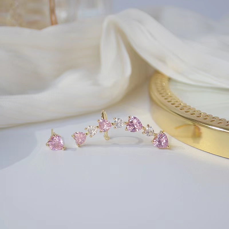 Asymmetrical Peach Pink Love Zircon Flash Drill Earbone Clip One piece Earnail Sweet Beauty Earrings