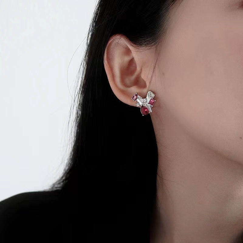 S925 Silver Needle Personality Metallic Love Earrings Red Diamond Earrings