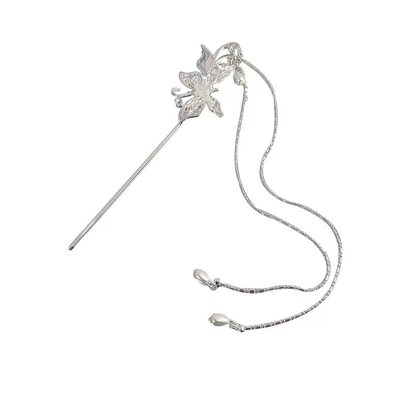 New Chinese Style Flower Butterfly Pearl Tassel Hairpin Female Ancient Cool Wind Hanfu Hairpin Long Step Hairpin