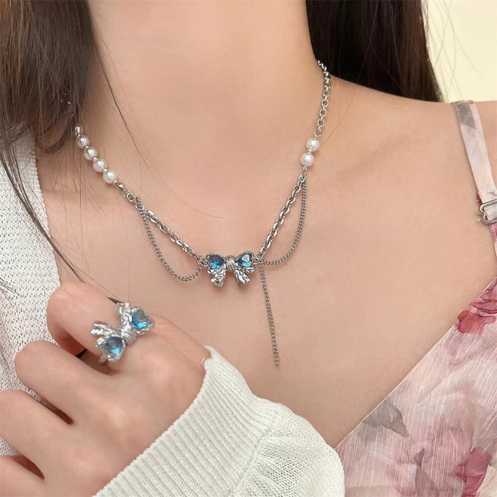 Escape Princess Blue Glacier Bowknot Earnail Ring Necklace Super Fairy Temperament Net Red Sweet Cool Wind Accessories