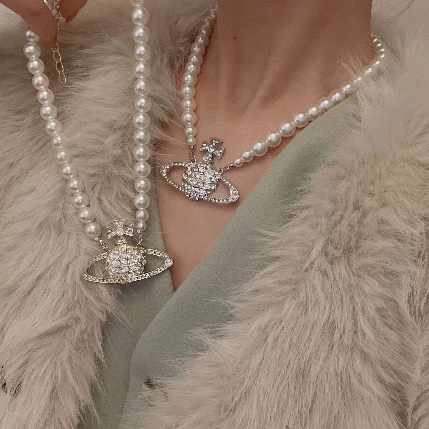 Vintage classic pearl choker Swarovski rhinestone collarbone chain