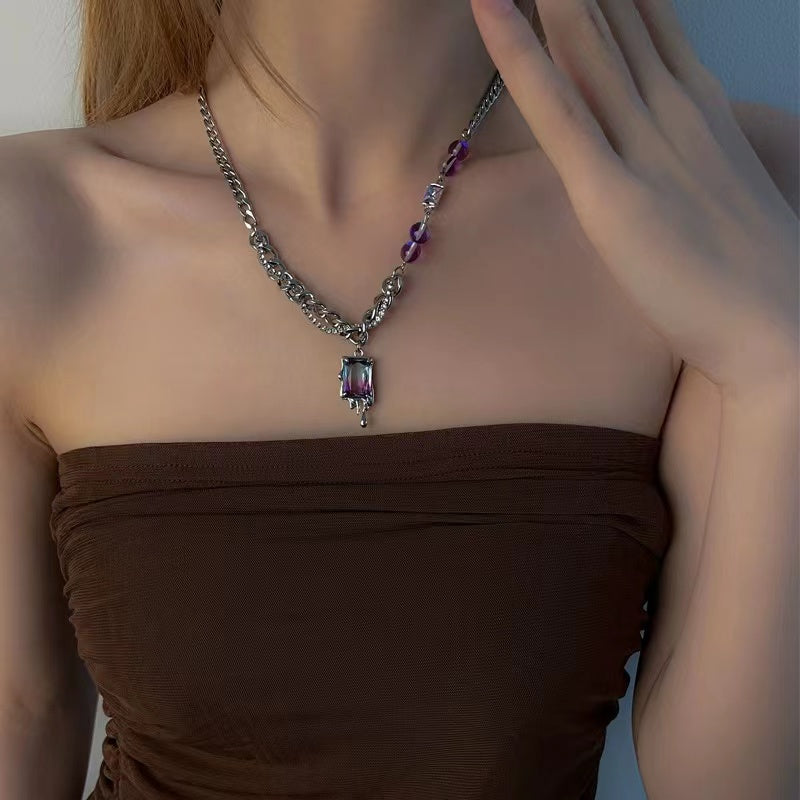 Sweet cool purple square diamond stitching round bead necklace female niche ins hip-hop design sense cold wind light luxury collarbone chain