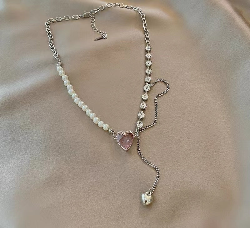 High-class feeling crystal love pearl necklace