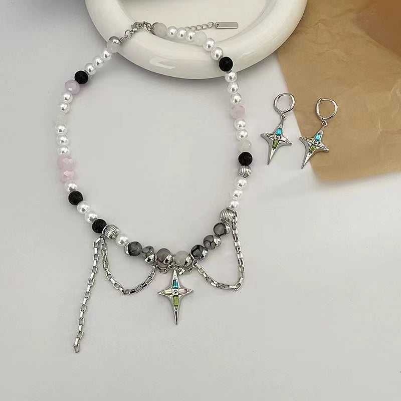 Star body hand-beaded colorful pearl mansard necklace female hip-hop chain collarbone chain niche earrings