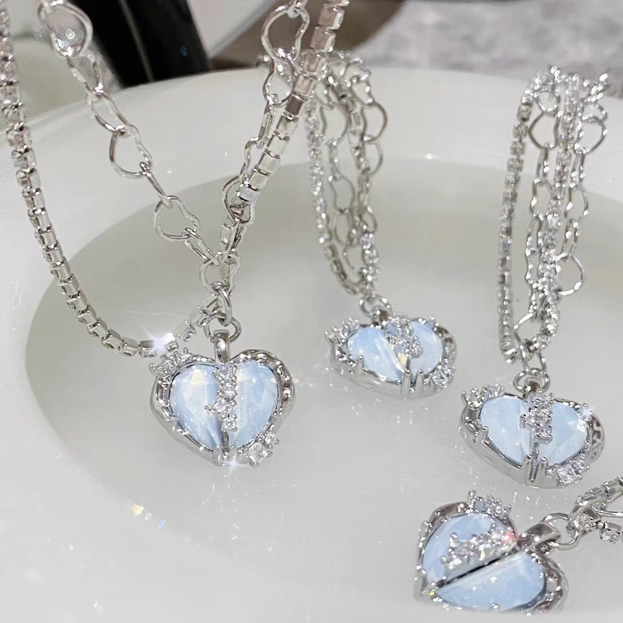 Sweet cool design opal sky blue love zirconia double layer necklace