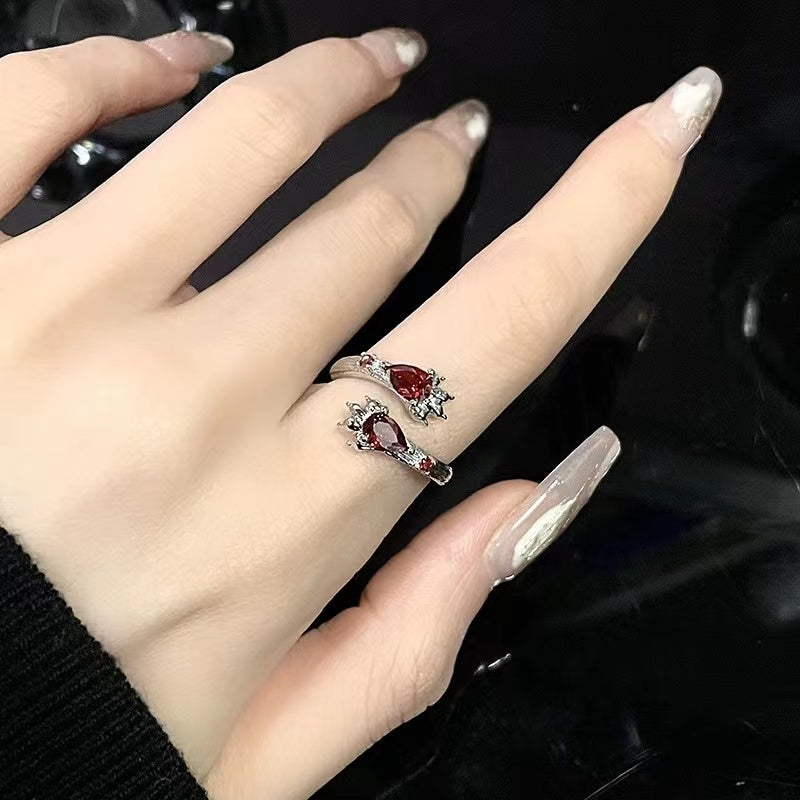 Niche design personality cold wind red zircon dark wind ring female cat claw cat tail cat open ring
