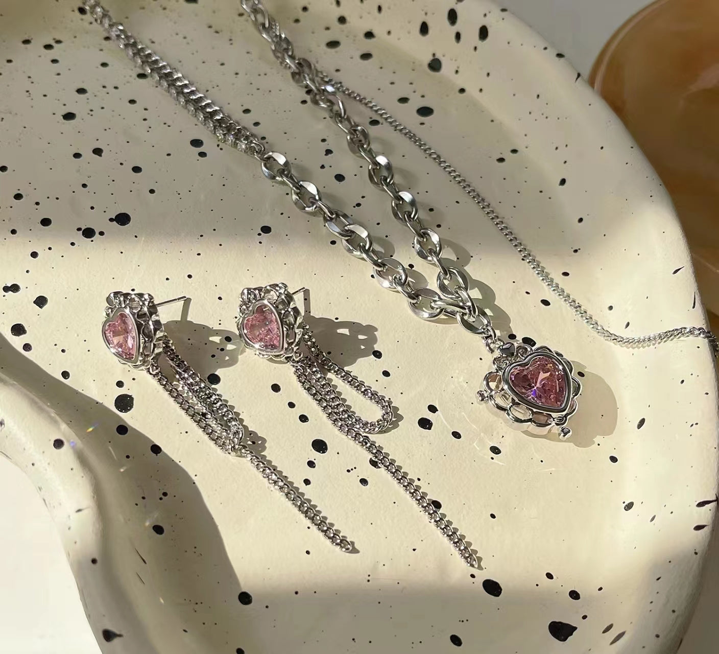 Pink zirconia love earrings necklace