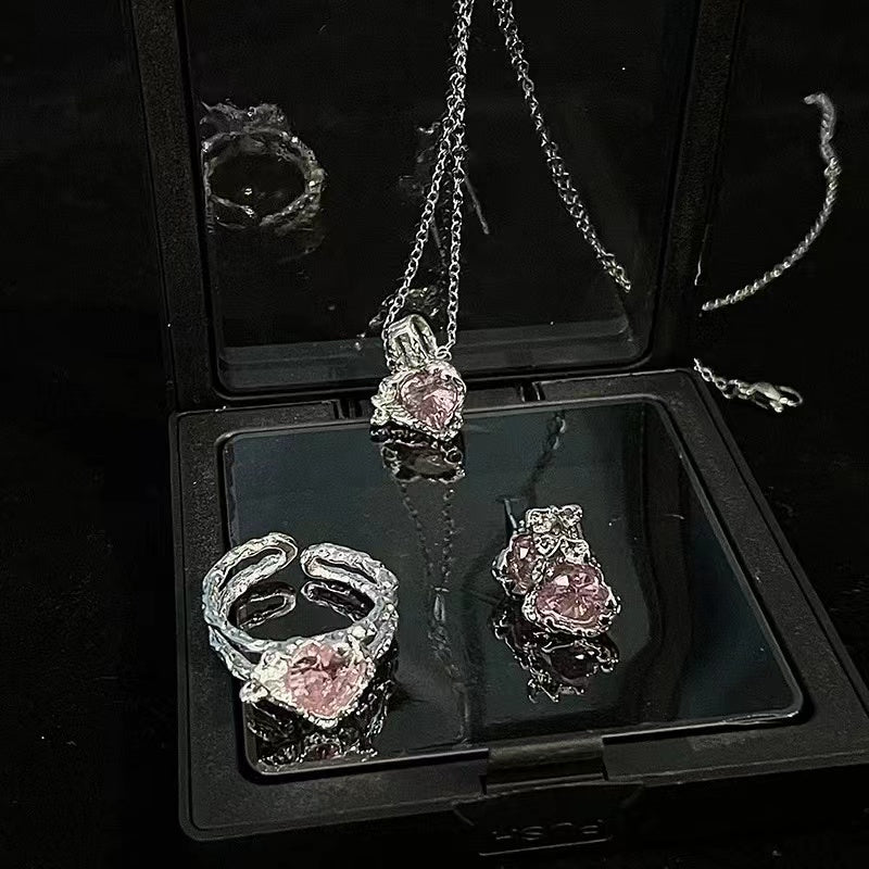 Pink zirconia love necklace niche design lava opening ring irregular senior sense of sweet cool wind earrings female