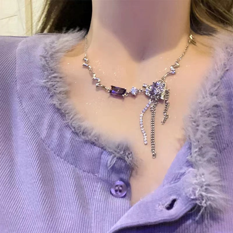 Purple zirconia love metal titanium steel necklace ins female niche design sense temperament personality hundred with collarbone chain