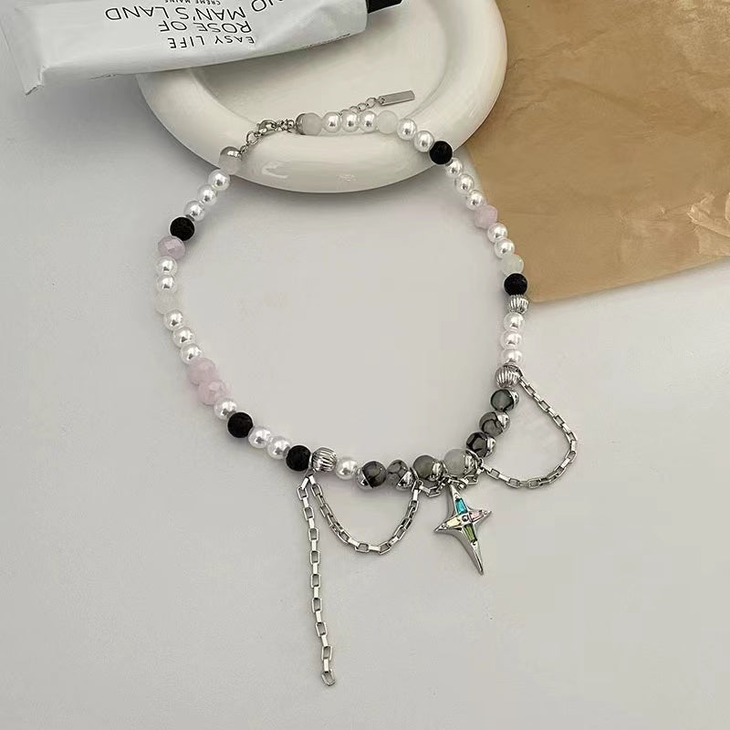 Star body hand-beaded colorful pearl mansard necklace female hip-hop chain collarbone chain niche earrings