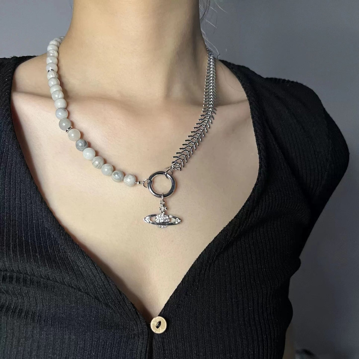 Thick chain patchwork diamond chain necklace