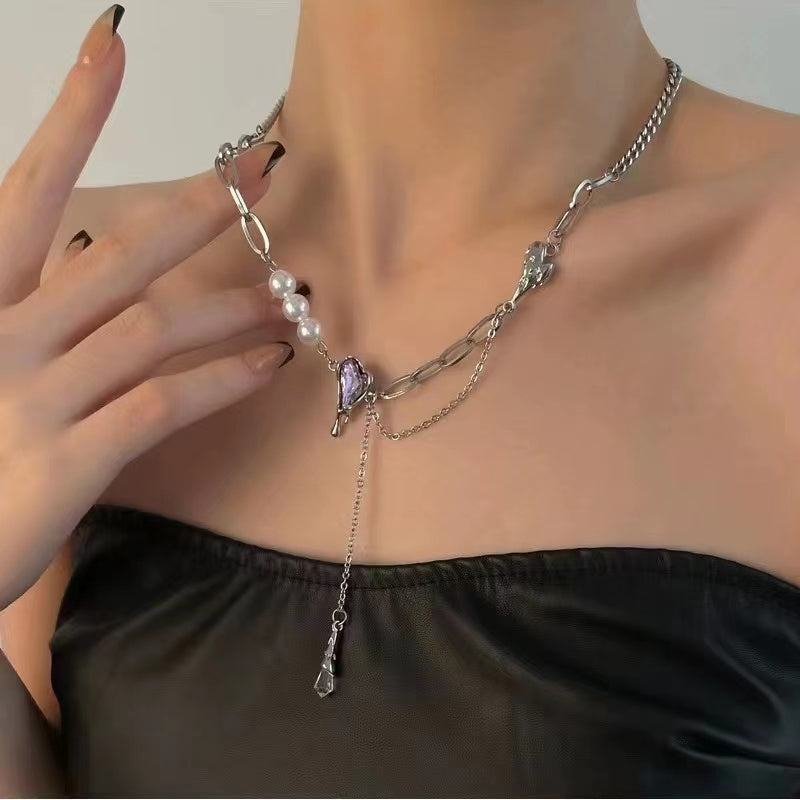 Sweet cool purple diamond love patchwork pearl tassel necklace