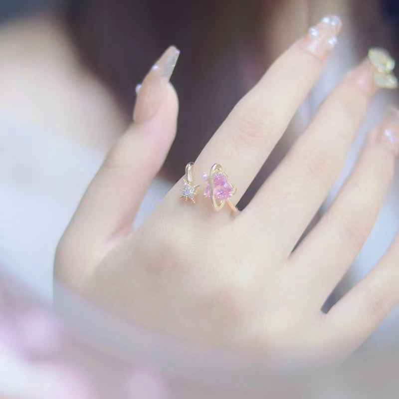 Japanese cute pink light luxury sweet girl open ring niche design sense light luxury senior sense finger ring