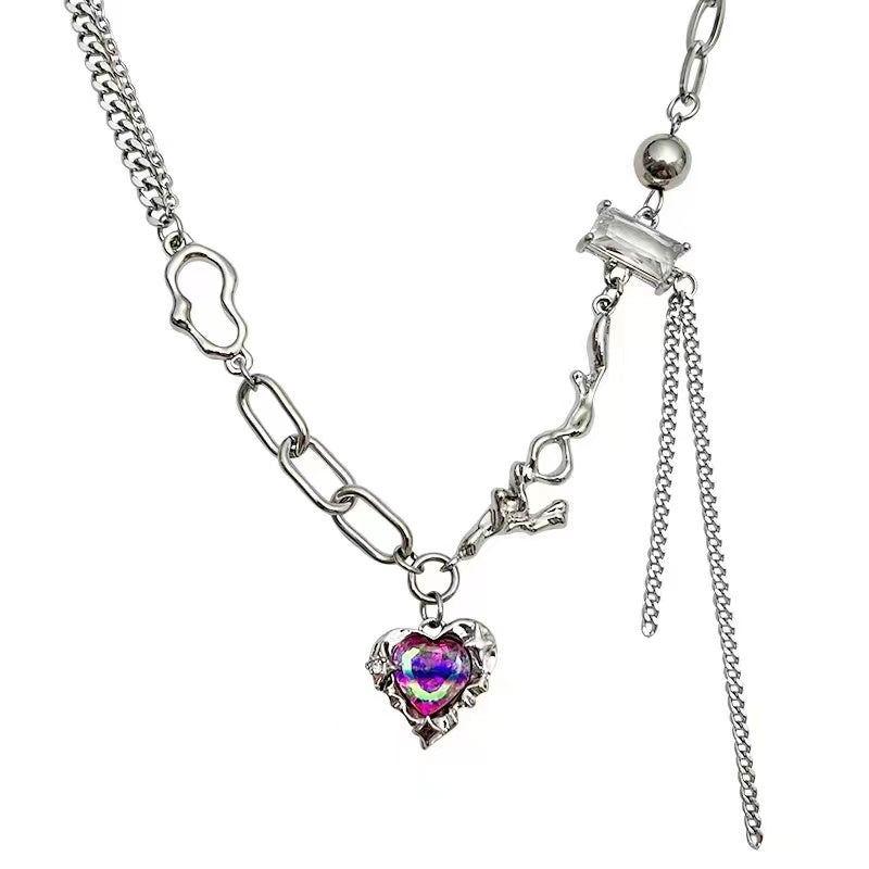 Neon gradient colorful love necklace female ins niche light luxury senior sense of temperament square diamond tassel lock chain tide