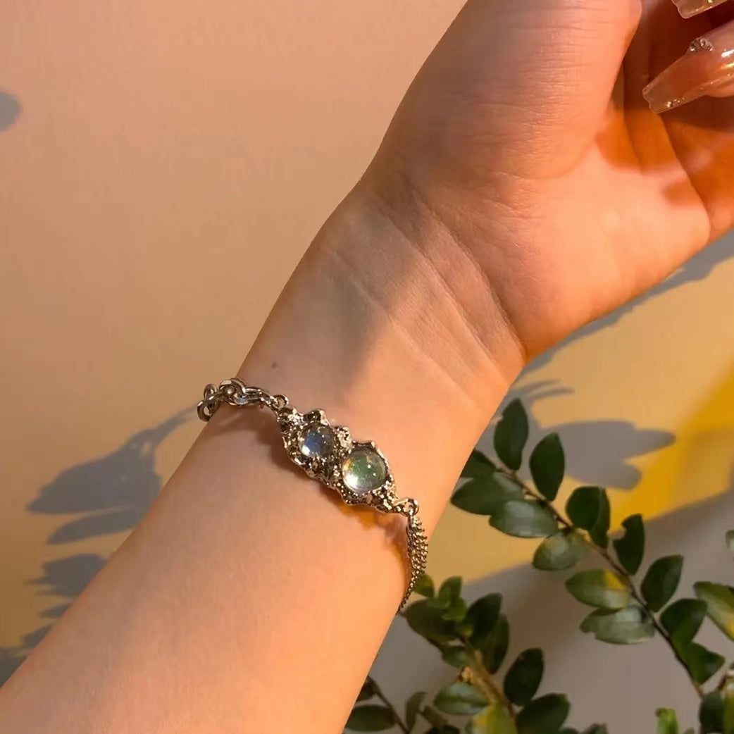 Double chain moonstone splicing bracelet female niche design premium sense of hip-hop accessories