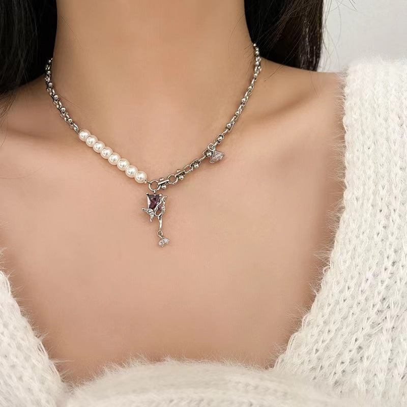 Zirconia pendant necklace female purple super fairy pearl chain splicing collarbone chain