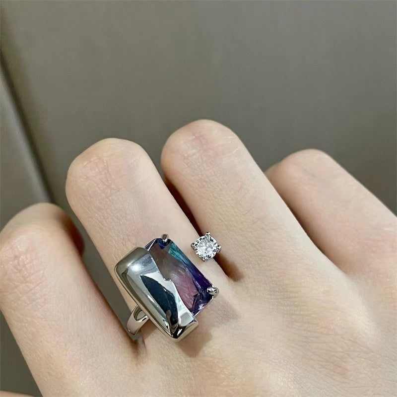 Gradient color zirconia open ring couple ring men and women ins hip cool niche design index finger ring