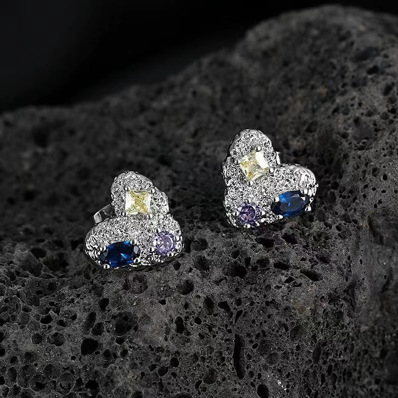 Love earrings female ins cold wind geometry colored zircon 925 silver needle earrings Korea 2022 new earrings